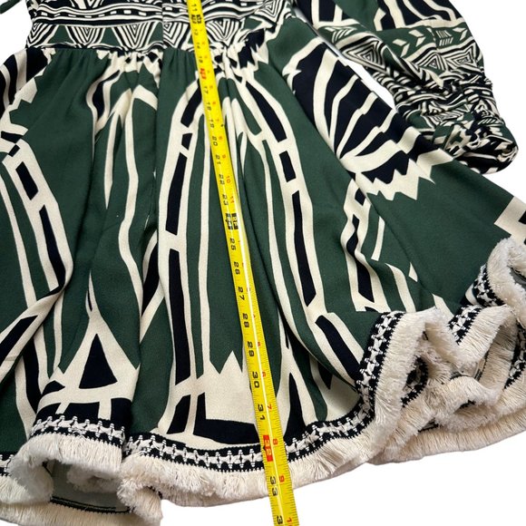 PatBO Dress Size 0 V-Neck Fit Flare Fringe Trim Emerald Green Ivory Print - Picture 16 of 16